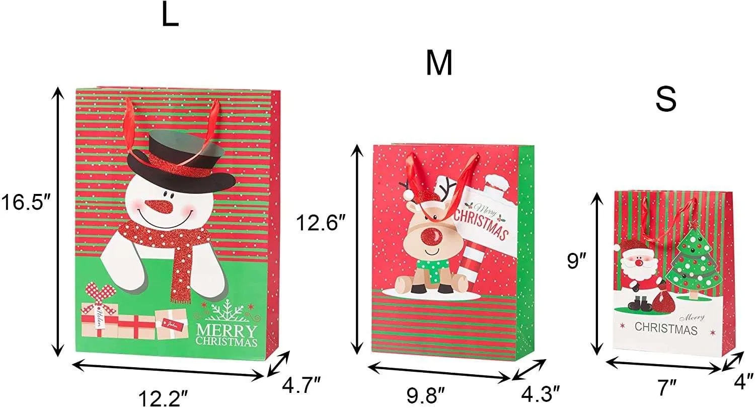 12 Pack Assorted Christmas Gift Bags with Small Medium Large Size, 4 Xmas Pattern Holiday Gift Bags with Tissue Paper, Bright