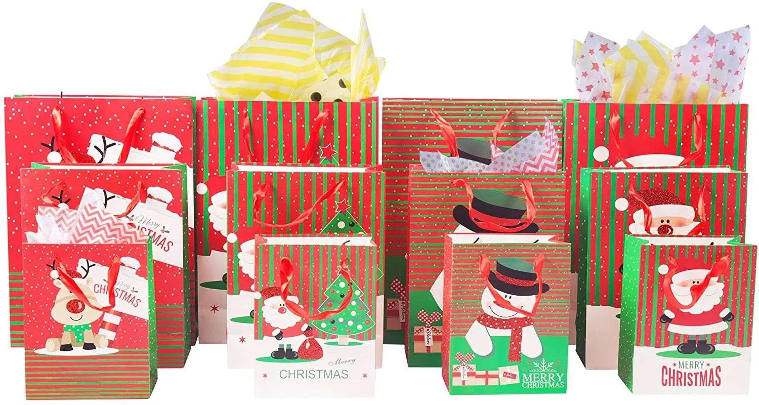 12 Pack Assorted Christmas Gift Bags with Small Medium Large Size, 4 Xmas Pattern Holiday Gift Bags with Tissue Paper, Bright