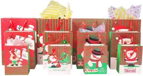 12 Pack Assorted Christmas Gift Bags with Small Medium Large Size, 4 Xmas Pattern Holiday Gift Bags with Tissue Paper, Bright