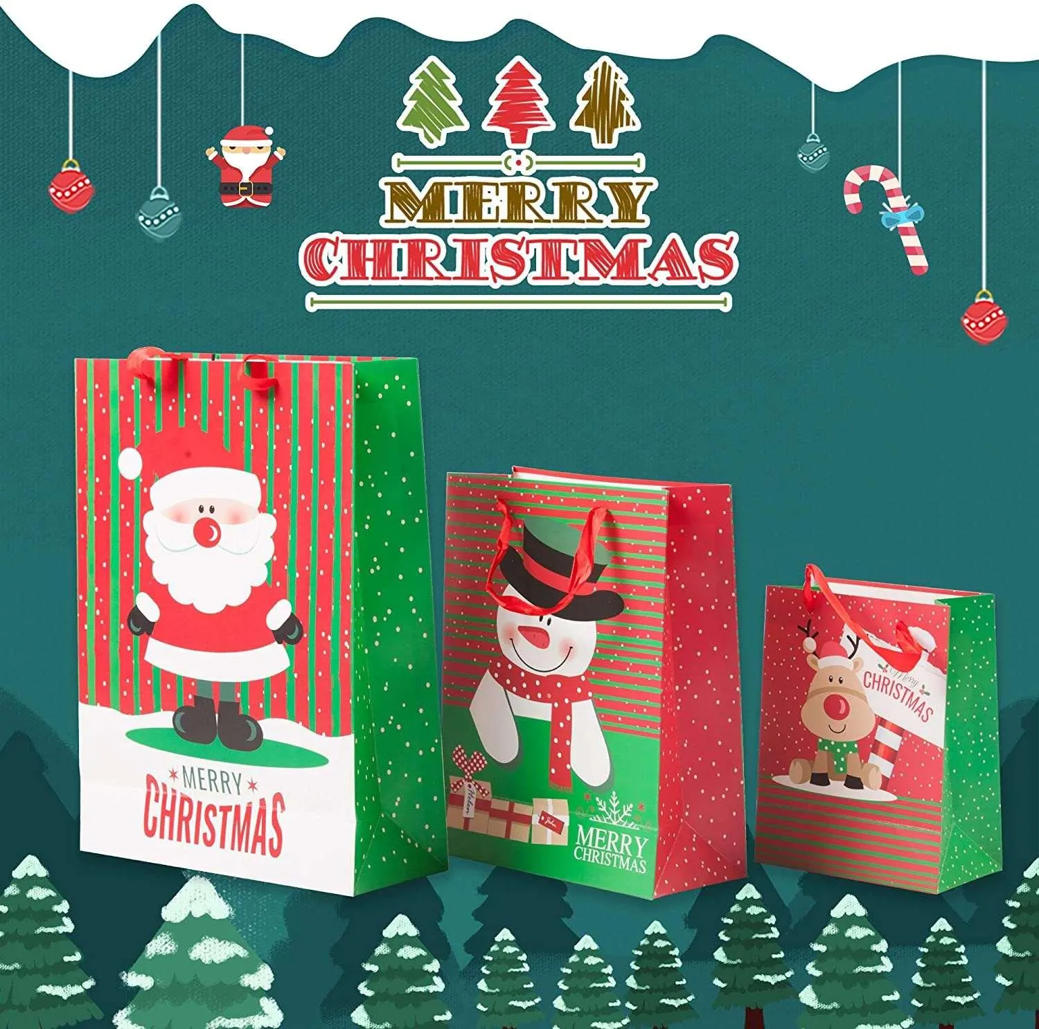 12 Pack Assorted Christmas Gift Bags with Small Medium Large Size, 4 Xmas Pattern Holiday Gift Bags with Tissue Paper, Bright