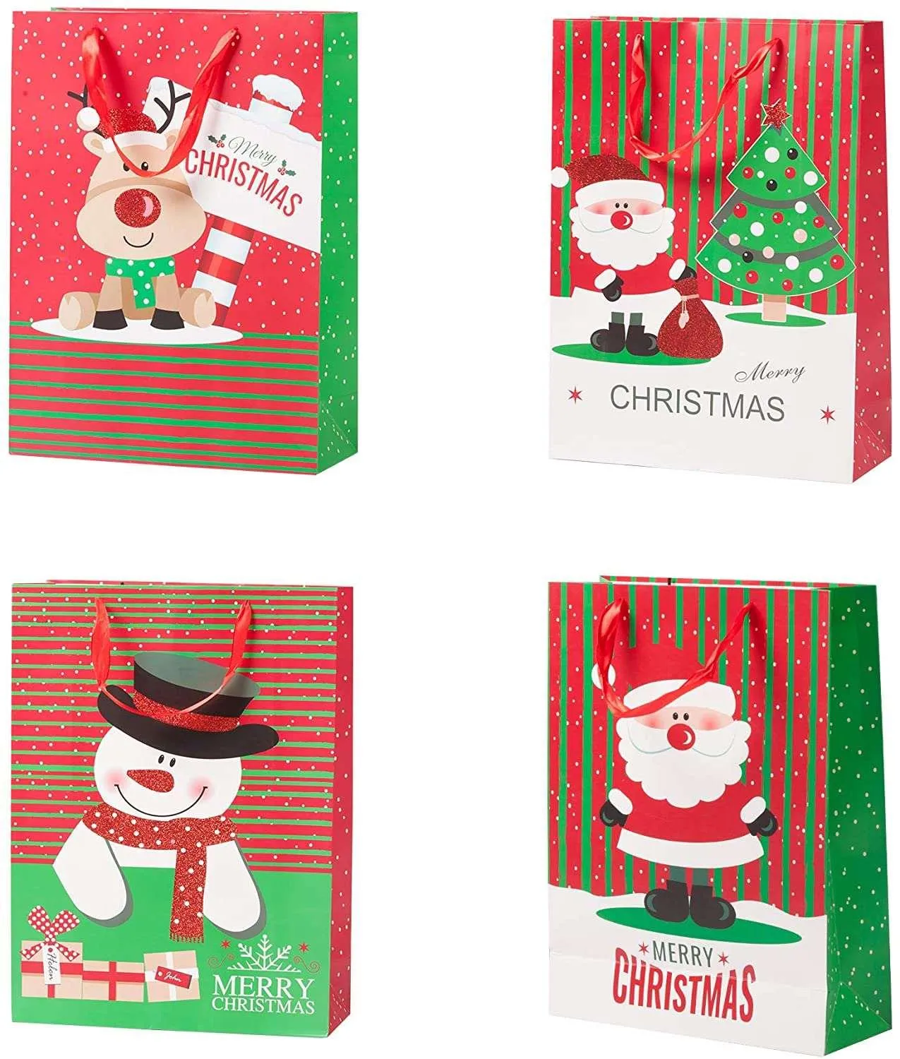 12 Pack Assorted Christmas Gift Bags with Small Medium Large Size, 4 Xmas Pattern Holiday Gift Bags with Tissue Paper, Bright