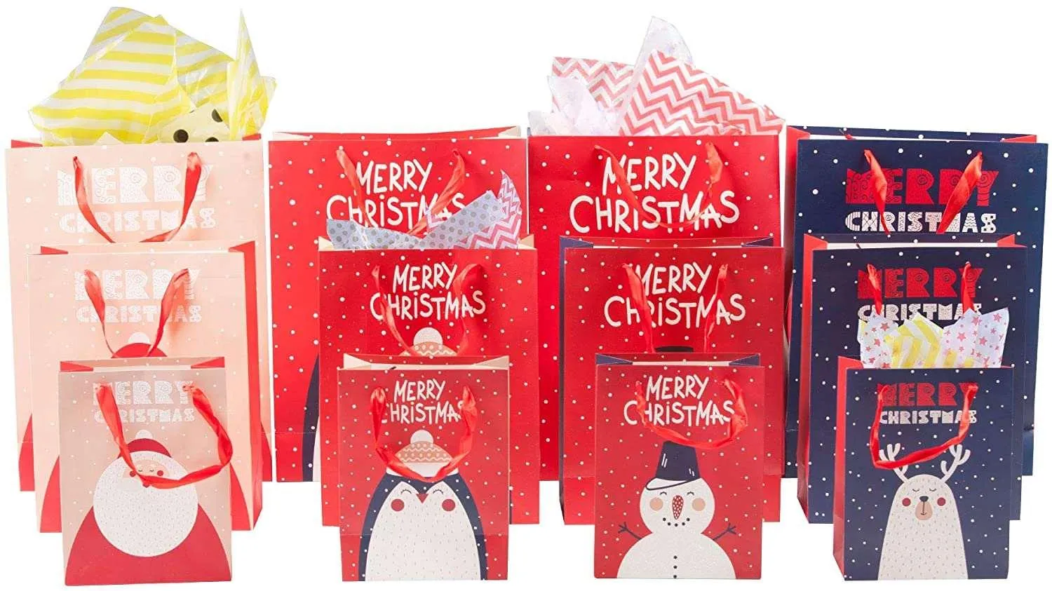 12 Pack Assorted Christmas Gift Bags with Small Medium Large Size, 4 Xmas Pattern Holiday Gift Bags with Tissue Paper, Bright