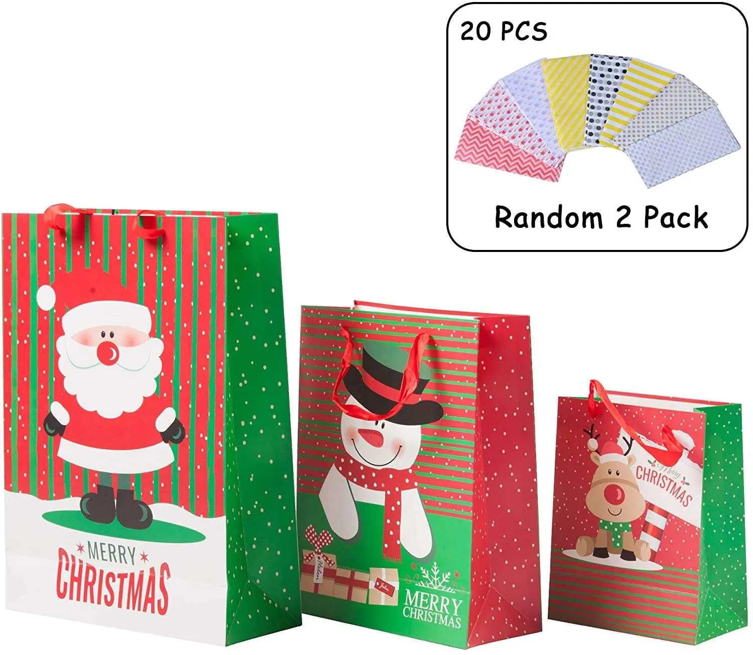 12 Pack Assorted Christmas Gift Bags with Small Medium Large Size, 4 Xmas Pattern Holiday Gift Bags with Tissue Paper, Bright
