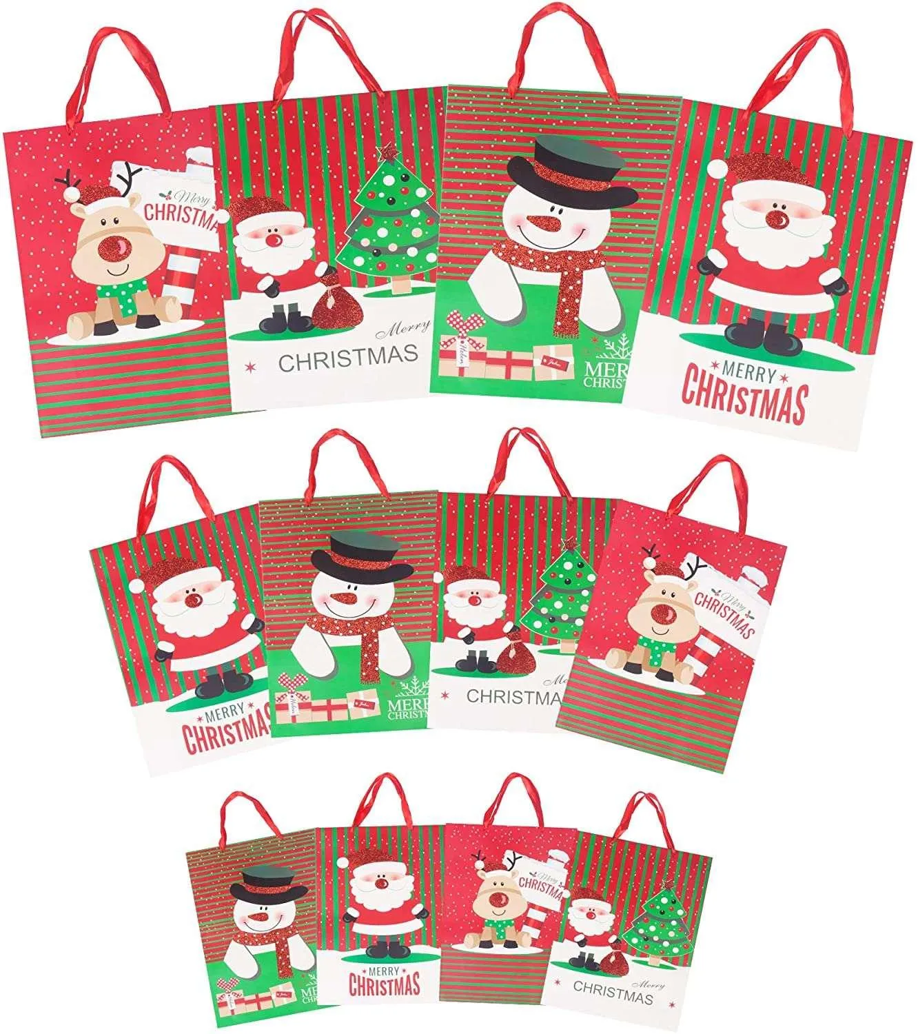 12 Pack Assorted Christmas Gift Bags with Small Medium Large Size, 4 Xmas Pattern Holiday Gift Bags with Tissue Paper, Bright