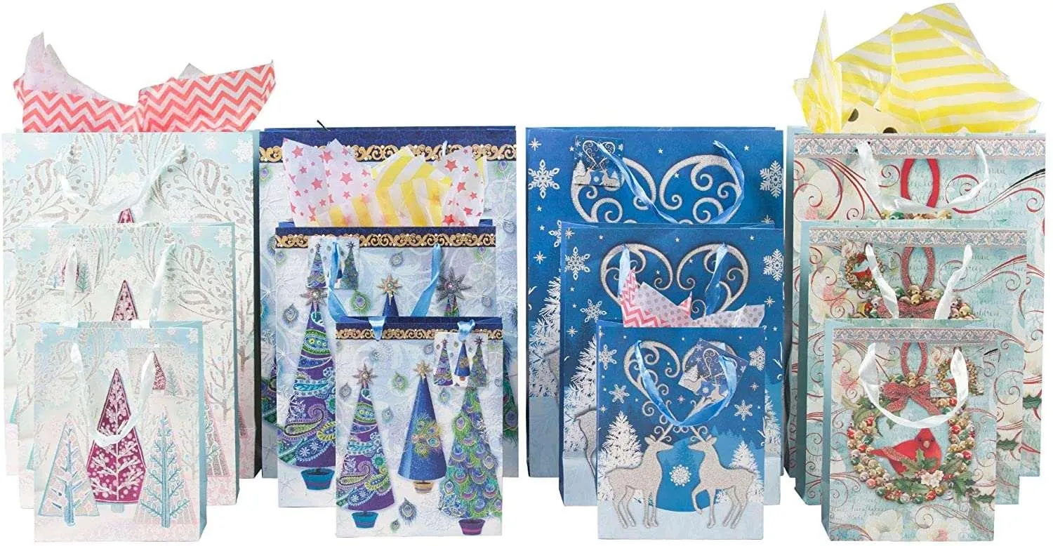 12 Pack Assorted Christmas Gift Bags with Small Medium Large Size, 4 Xmas Pattern Holiday Gift Bags with Tissue Paper, Bright
