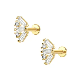 14K Solid Gold Baguette Cz Flat Back Earrings