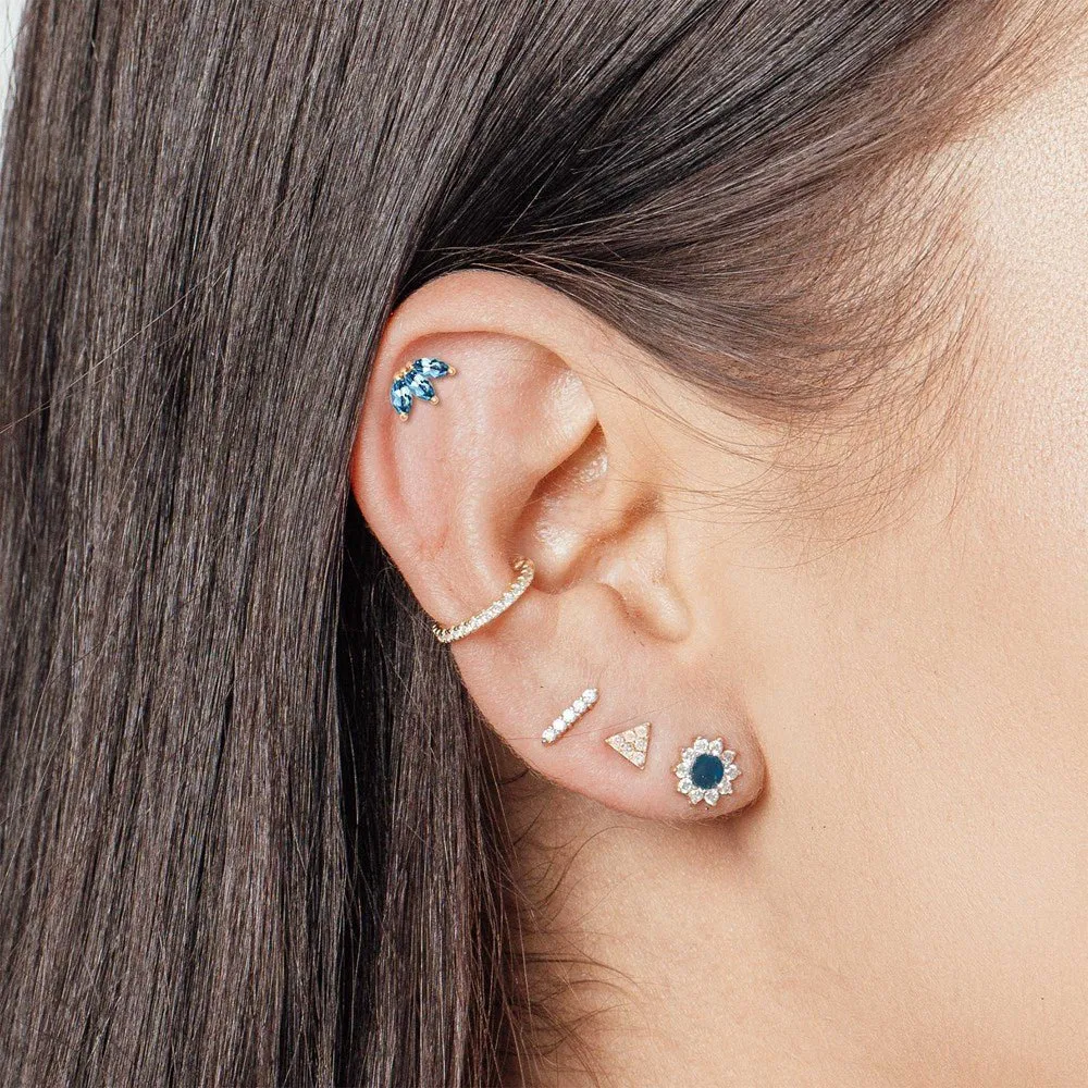 Blue Topaz Flat Back Earring Baby Lotus 14k Yellow