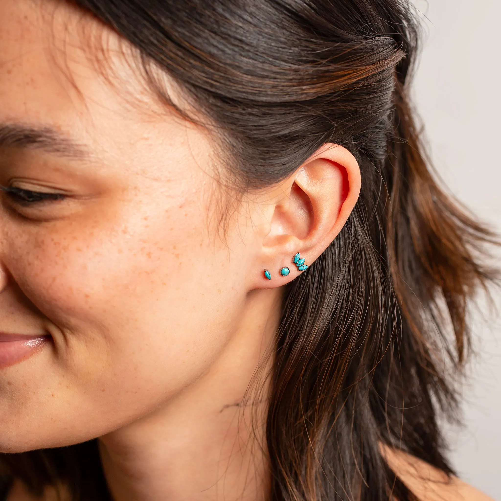 Turquoise Fan Marquise Flat Back Earrings - Three Inlaid Stones