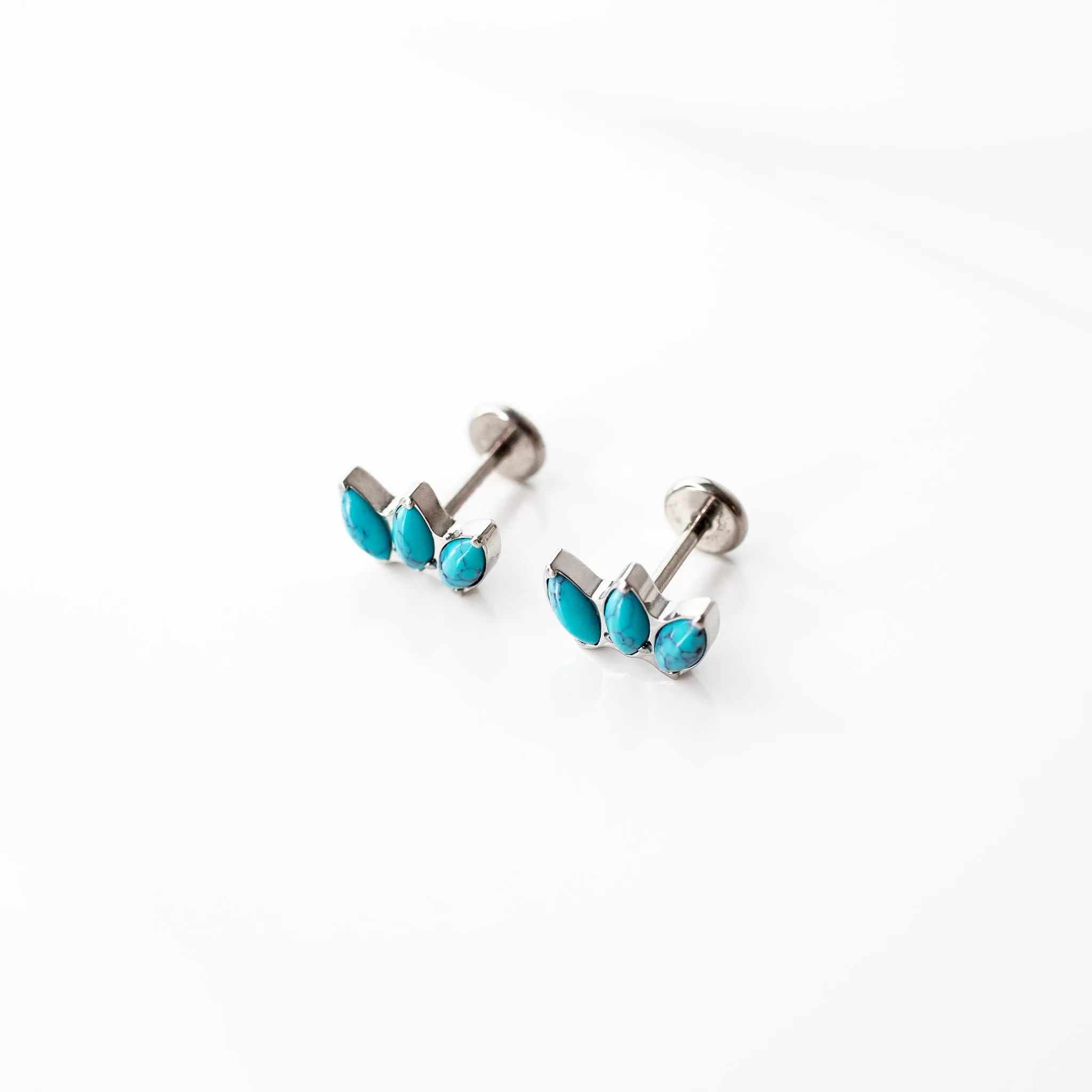 Turquoise Fan Marquise Flat Back Earrings - Three Inlaid Stones