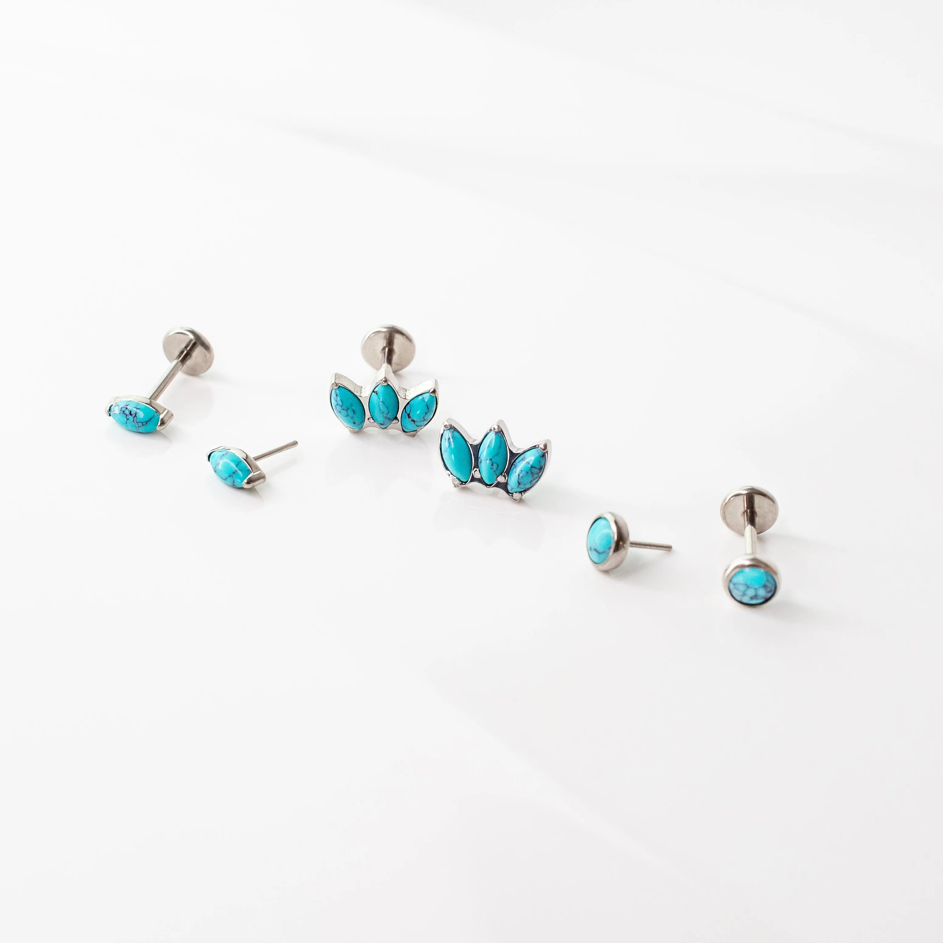 Turquoise Fan Marquise Flat Back Earrings - Three Inlaid Stones