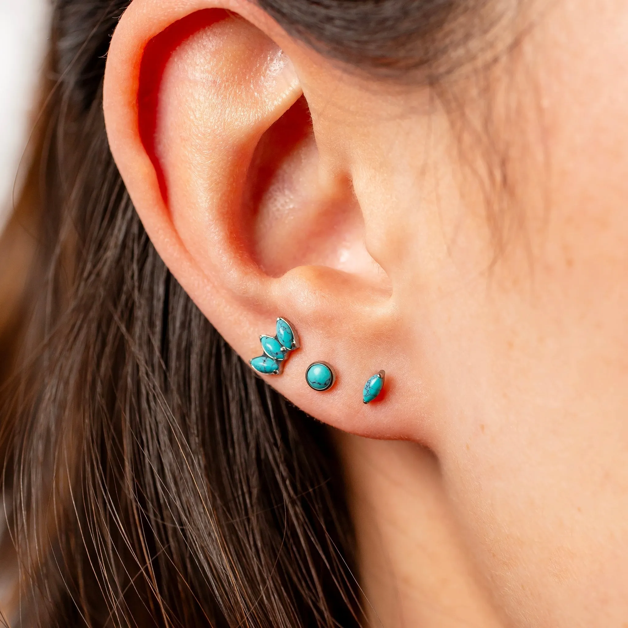 Turquoise Fan Marquise Flat Back Earrings - Three Inlaid Stones